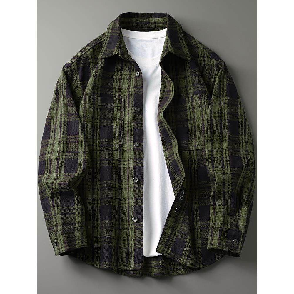 经典重磅纯棉长袖格子衬衫男女秋冬复古宽松加厚休闲衬衣外套