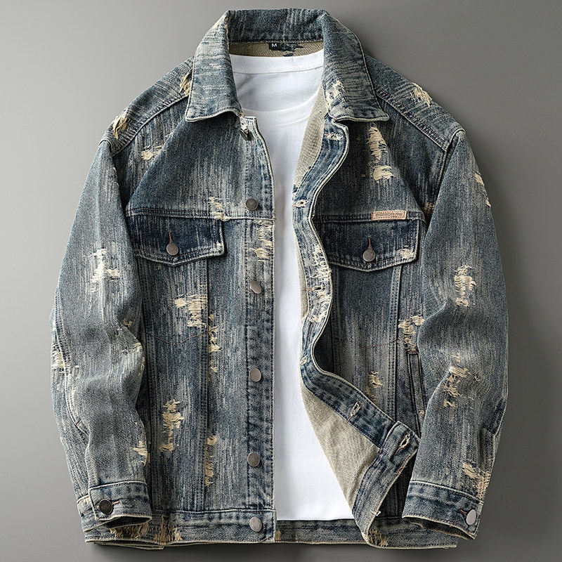 点霸春秋新款提花牛仔夹克男美式潮牌帅气复古高级感宽松休闲外套