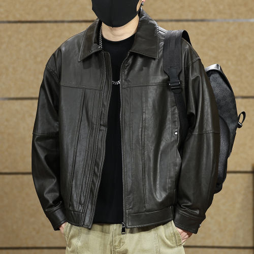 高端荔枝纹做旧翻领PU皮衣外套男秋季新款宽松休闲机车皮夹克男装