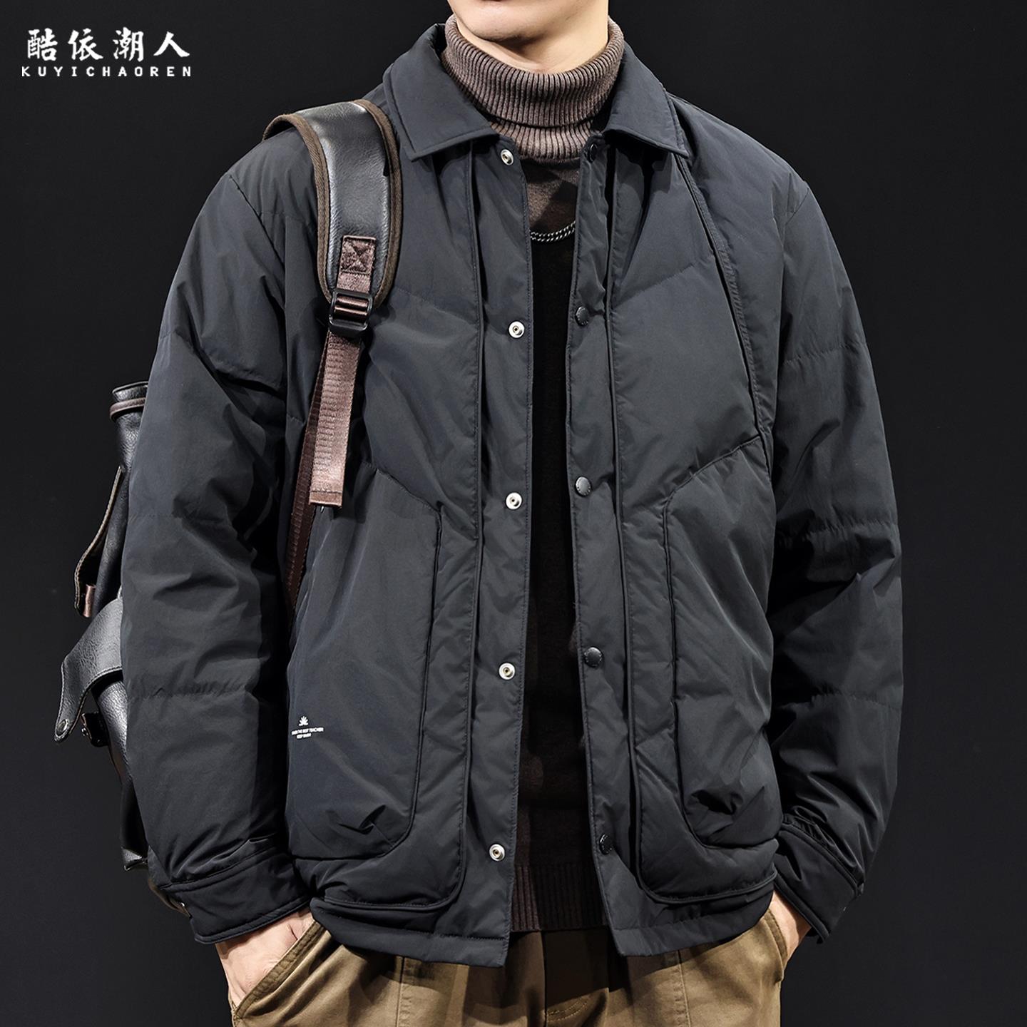 2025新款羽绒服男士冬季潮流翻领拼接外套轻薄白鸭绒内胆夹克大码