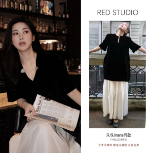 朱珠nana同款 丝绒拼接黑白连衣裙复古赫本风简约设计感宽松长裙子