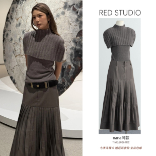 灰色半高领披肩短袖 套装 针织衫 百褶半身长裙时尚 女 上衣 nana同款