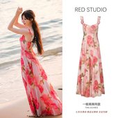 一枝南南同款 雪纺印花连衣裙荷叶领高级感法式 浪漫气质度假风长裙