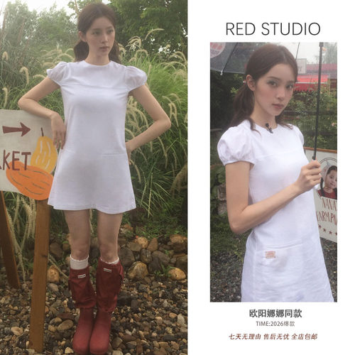 欧阳娜娜同款白色泡泡袖连衣裙女短裙简约风高级感气质减龄小白裙