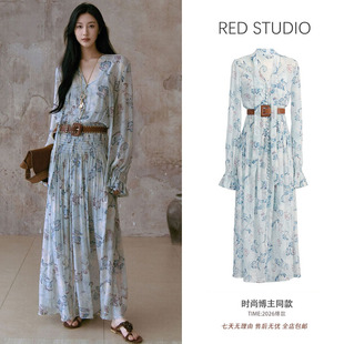 时尚 蓝色雪纺碎花连衣裙女超仙飘逸大摆海边度假风长裙子 博主同款