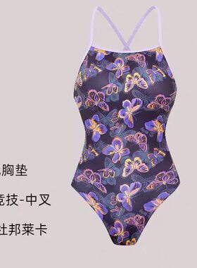 新款夜蝶流光双交叉无胸垫涤纶杜邦莱卡中开叉竞速泳衣