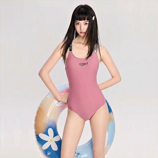 新款 蔷薇色简约风吊带连体竞技泳衣女露背显瘦游泳海边度假温泉
