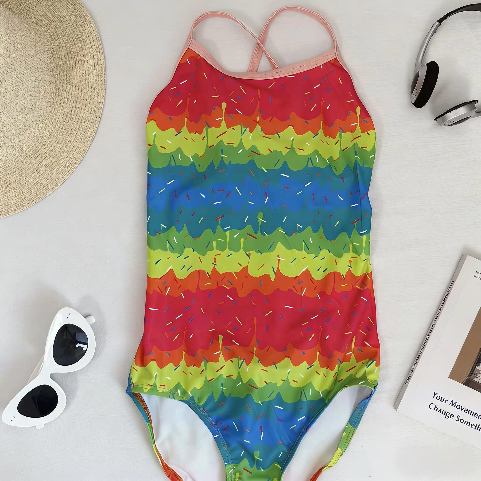 【原创】莱卡单层彩虹竞速泳衣女款中叉专业训练游泳衣游泳馆专用