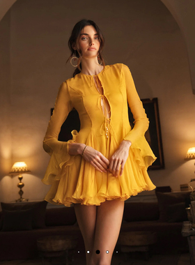 迪拜购真丝黄色荷叶边喇叭袖迷你裙 Gre Mini