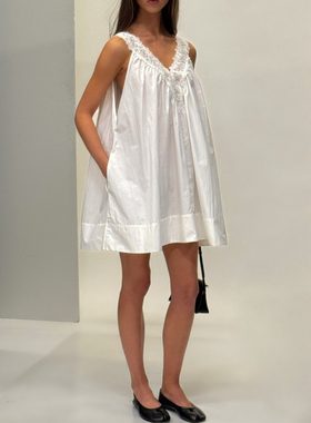白xs现！美国购elsahosk同款蕾丝花边纯棉宽松娃娃吊带裙