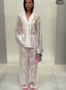 美国购elsahosk粉色花卉刺绣衬衫沙滩度假长裤套装