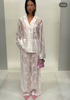 美国购elsahosk粉色花卉刺绣衬衫沙滩度假长裤套装