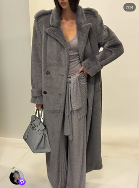 美国购买helsa深灰色毛茸茸垫肩宽松慵懒风衣外套fur