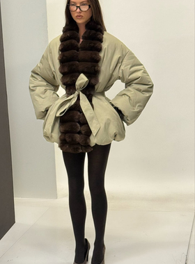 美国购买helsa皮草毛毛拼接绿色夹克外套装bubble fur