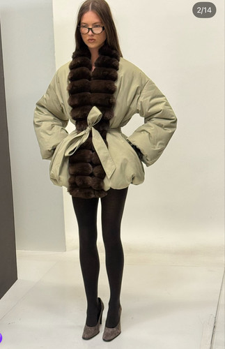 美国购买helsa皮草毛毛拼接绿色夹克外套装bubble fur