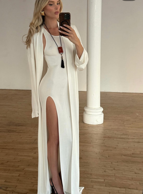 美国购elsahosk白色女神披肩开叉长裙两件套