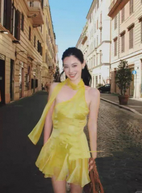 美国代购mar同款黄色chocker绑带绸缎丝质面料下摆喇叭设计迷你裙