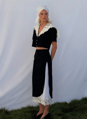 美国购elsahosk白色优雅复古蕾丝披肩包臀半裙 半袖半裙套装