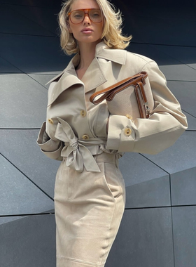 美国代购elsahosk同款山羊皮office lady系列风衣外套包臀