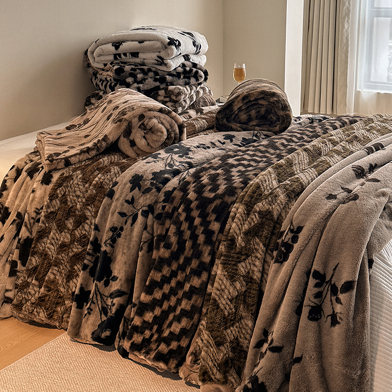 A类美拉德轻奢兔毛绒毛毯牛奶绒床上盖毯加绒加厚毯子秋冬季黑色