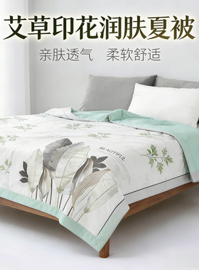 顶蓝艾草印花润肤夏凉被夏季薄被助眠亲肤透气柔软舒适化纤被