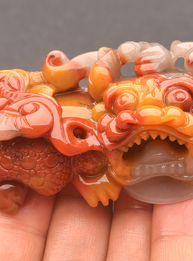 正品天然黄龙玉貔貅手把件俏色玉石红色男女款手玩件大号把玩冰透