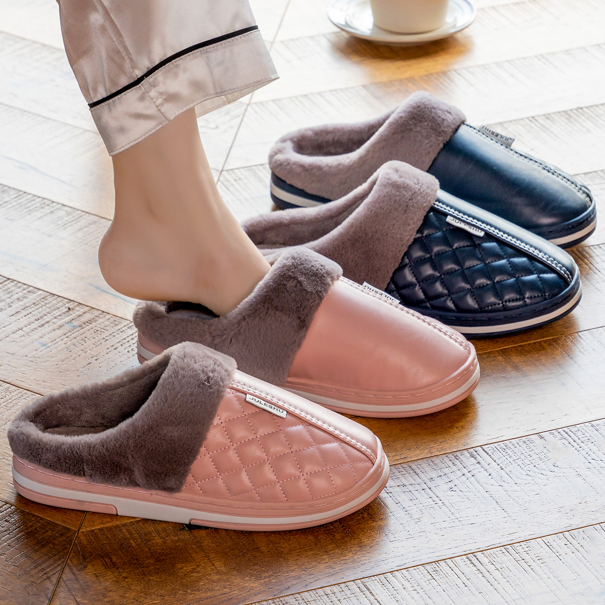 防滑防水pu皮棉拖鞋女款居家情侣