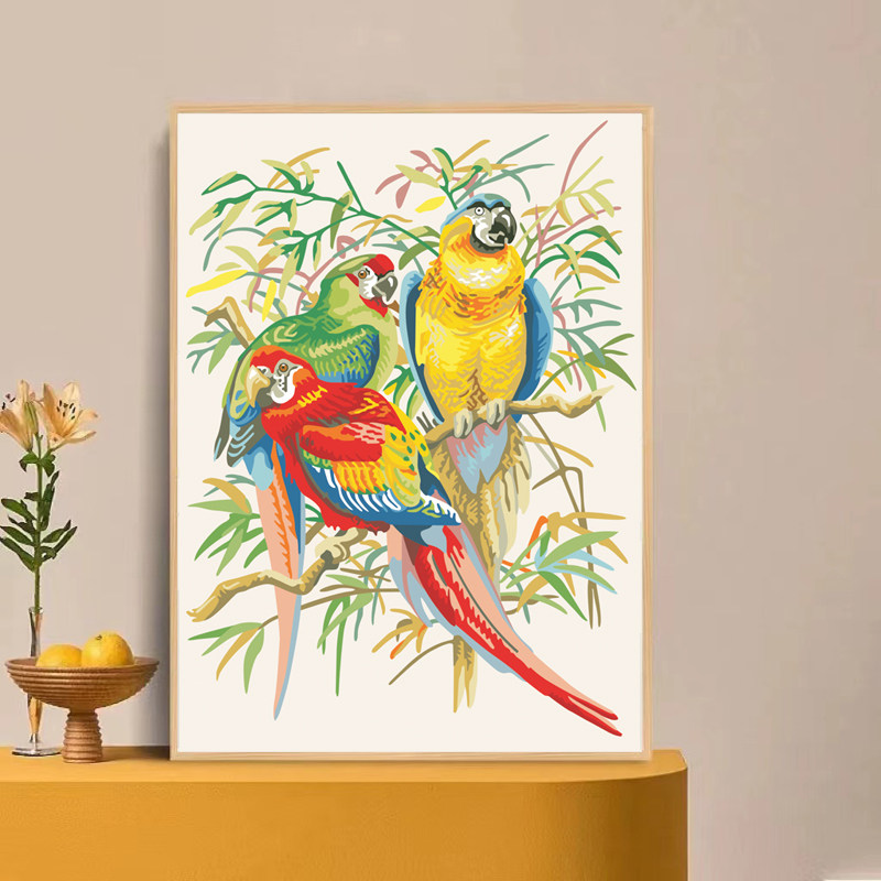 数字油彩画八哥金刚鹦鹉鸟diy填充油画手绘工小鸟填色水彩画风景