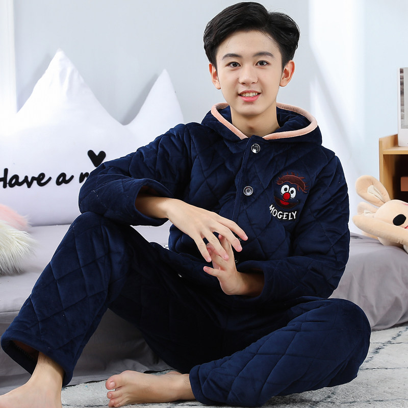 青少年睡衣男大童冬季加厚加绒三层夹棉珊瑚绒初中生15男童家居服
