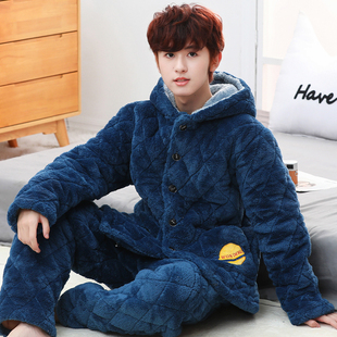 大童睡衣男冬季加厚加绒三层夹棉珊瑚绒初中生16法兰绒保暖家居服