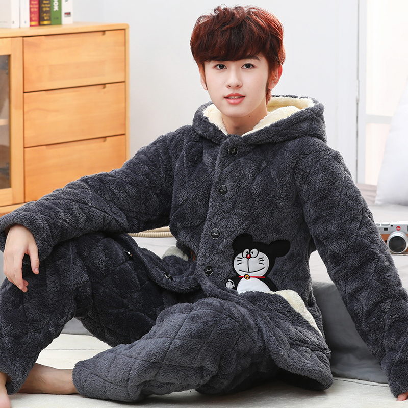 青少年睡衣男冬季加厚加绒珊瑚绒三层夹棉大童15初中生保暖家居服