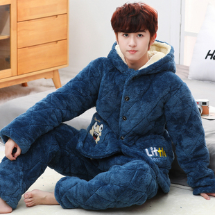 大童睡衣男冬季加厚加绒珊瑚绒三层夹棉初中生法兰绒青少年家居服