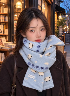 蓝色围巾女款2026新款秋冬学生韩系送女朋友生日礼物高级感围脖潮