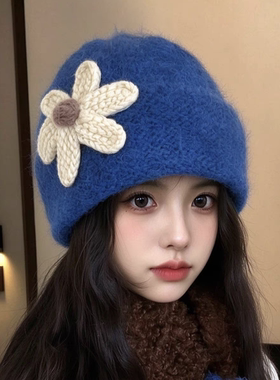 2026新款花朵毛线帽子女秋冬季保暖护耳防寒大头围显脸小针织帽潮