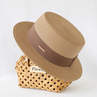 网红草帽子女春夏法式 平顶礼帽英伦遮阳防晒海边平沿宽檐男女同款