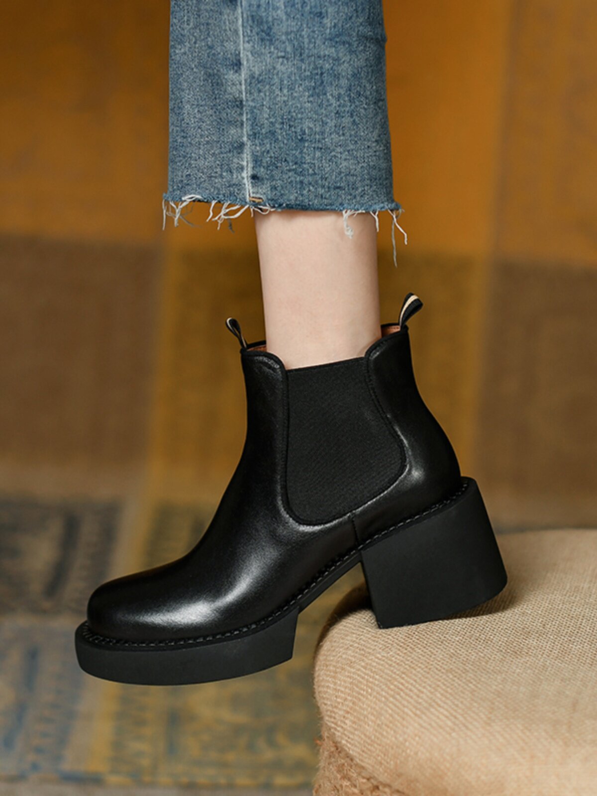 SMALL AUTUMN AND WINTER BOOTS WOMENS SHORT LEATHER PURE LEATHER HIGH HEEL PLATFORM SOLES CHELSEA BOOTS FLATFORM SOLE BOOTIES SINGLE BOOTS