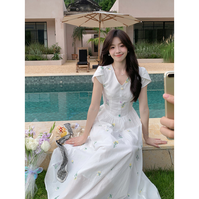Even一雯【花舞漫夏】韩系高智感V领收腰气质法式修身短袖连衣裙
