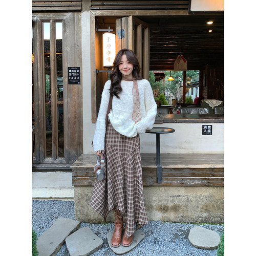 Even一雯【浪漫革命】韩系高智感春秋季格纹不规则下摆气质半身裙