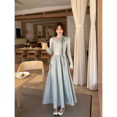 Even一雯【茉莉奶绿】韩系高智感温柔大圆领长袖系带蝴蝶结连衣裙