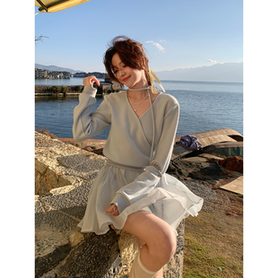 Even一雯【铃兰水色】韩系高智法式蝴蝶结上衣气质温柔V领卫衣女