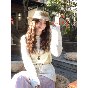 时尚 韩系高智简约百搭针织衫 镂空气质薄上衣 甜芒冰茶 Even一雯