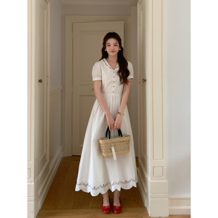 纯棉刺绣连衣裙短袖 韩系高智法式 翻领长裙春 梦中花园 Even一雯