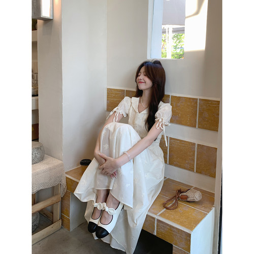 Even一雯【麦恩莉】韩系高智感气质蕾丝拼接泡泡袖长短款连衣裙