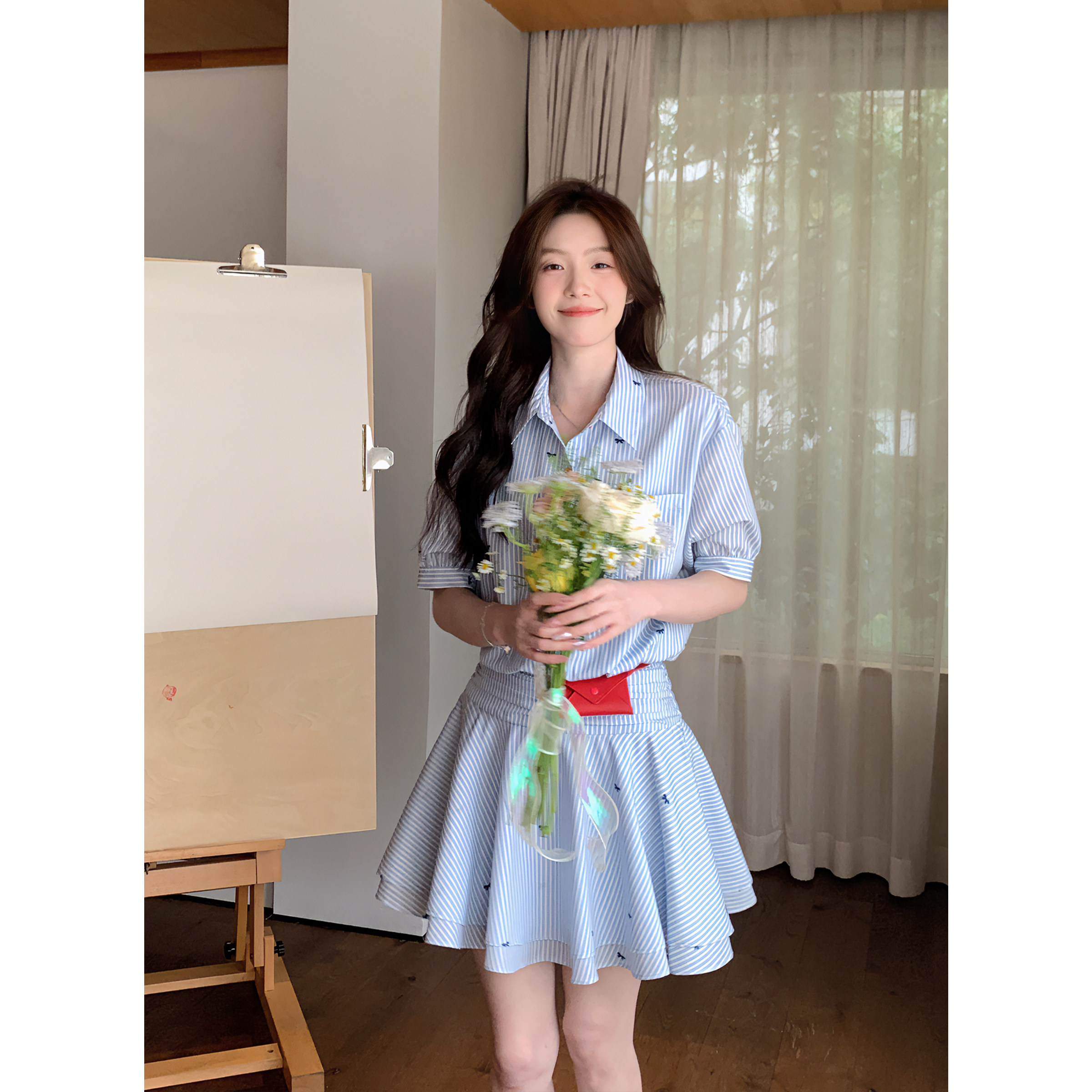 Even一雯【角落情书】韩系高智感气质时尚小众设计感衬衫裙配腰包