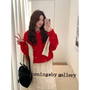 Even一雯 韩系高智秋冬麻花爱心圆领休闲慵懒感毛衣 樱桃白兰地