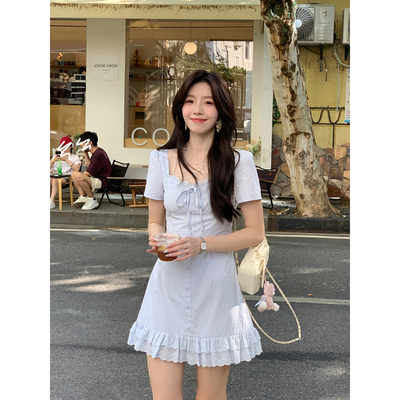 Even一雯【落夏迟】韩系高智感温柔收腰花边气质短袖系带连衣裙