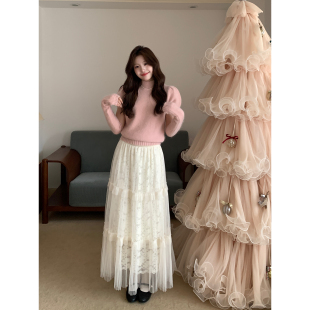 Even一雯 韩系高智感秋冬三层蕾丝温柔百搭半身裙 一汀雪色