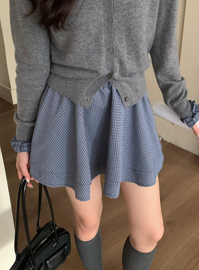 Even一雯【韩女松弛】韩系高智miu系双层裙摆藏蓝格半裙带安全裤