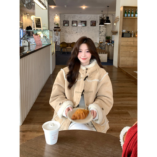 Even一雯【小麋鹿乱撞】韩系高智感秋冬保暖连帽麂皮皮毛一体外套