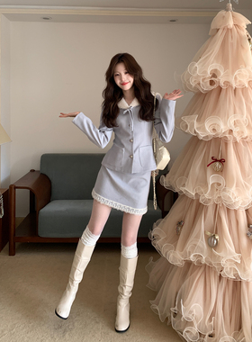 Even一雯【绫山小雪】韩系高智秋冬富家千金风精致高级感蓝色套装